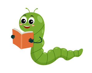 Fototapeta premium Cute caterpillar bookworm worm cute cartoon character reading a book.