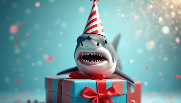 Toothy wearing party hat sits on gift box. Festive scene with colorful confetti and bokeh lights suggests a happy birthday celebration or cheerful event.