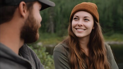 Fototapeta premium A joyful moment captured between a couple connecting and smiling in a serene natural outdoor environment