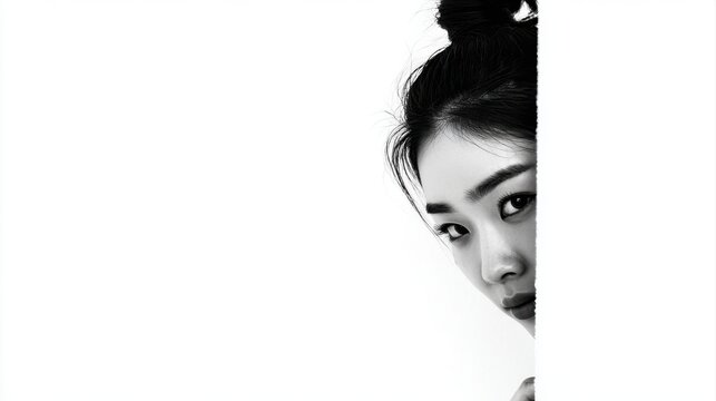 a beautiful chinese woman With a ponytail is peeking from the edge of a white background, only her half face is visible, in a simple, minimalistic style with high contrast between black and white, in 