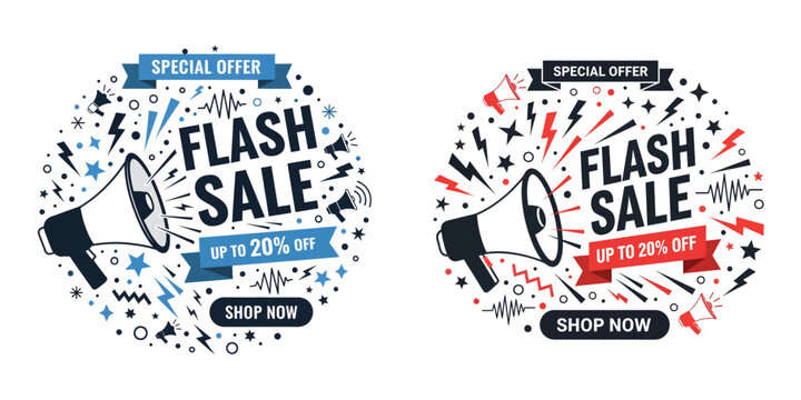 A vibrant illustration of two flash sale announcements with megaphones surrounded by colorful confetti and banners promoting discounts.