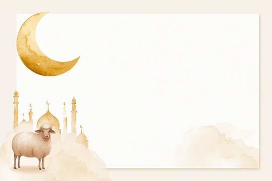 Kurban bayrami Watercolor Eid al-Adha horizontal banner template. Islamic holiday background with sheep, crescent moon, mosque silhouette, and empty copy space for text.