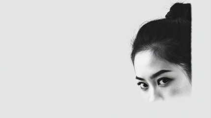Fototapeta premium a beautiful chinese woman With a ponytail is peeking from the edge of a white background, only her half face is visible, in a simple, minimalistic style with high contrast between black and white, in 