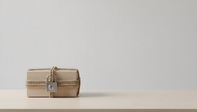 Locked package tied with rope representing debt burden financial blockage and restricted economic freedom