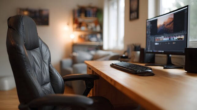 A modern and comfortable home workspace featuring a computer setup and organized bookshelves in the background