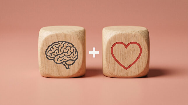 Two wooden cubes with a brain and heart icon side by side on a warm blush background, representing emotional intelligence and EQ concepts.