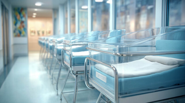 A row of empty transparent cribs on wheels with neatly folded white linen is standing in a bright hospital corridor, representing the concept of a neonatal unit and preparation for childbirth.