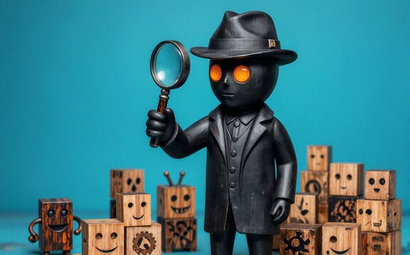 Detective figure examines wooden blocks with faces and symbols