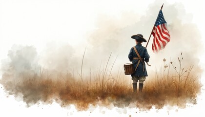 Naklejka premium Colonial drummer boy stands with flag on misty field. Child soldier holds drum with US flag, wears old uniform. Watercolor art evokes American history, patriotism, and struggle.