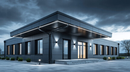Fototapeta premium Modern architectural building with unique design urban setting photography nighttime sleek and contemporary aesthetics