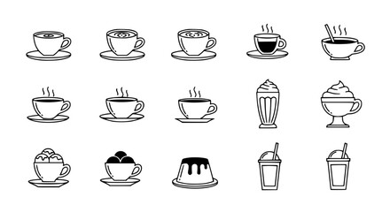 Fototapeta premium Black and white hot drinks and desserts in cups icon set coffee tea and dessert beverage vector collection