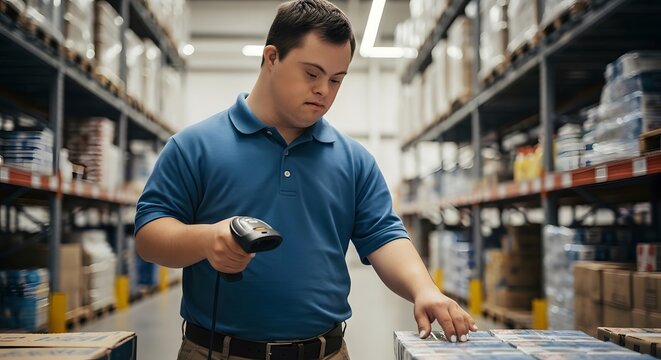 Man with Down syndrome working as warehouse worker using barcode scanner. Employee checking inventory in logistics center. Inclusive workplace and employment opportunity for disabled people.