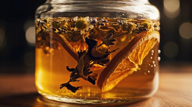 Close-up of a glass jar filled with herbal infusion and dried orange slices, with sparkling bubbles and warm, soft lighting