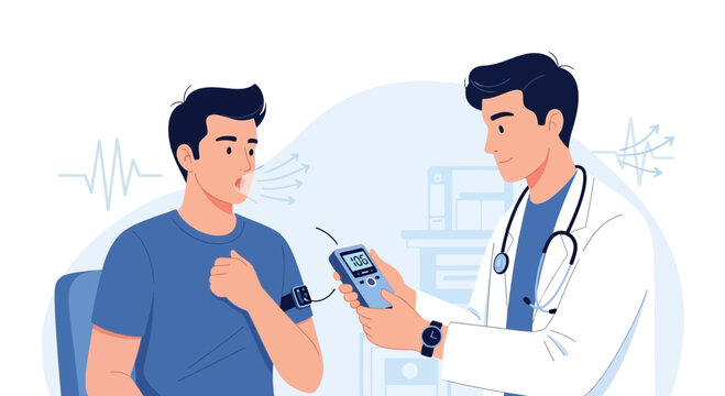 Doctor performing lung function test on patient with spirometer, medical checkup