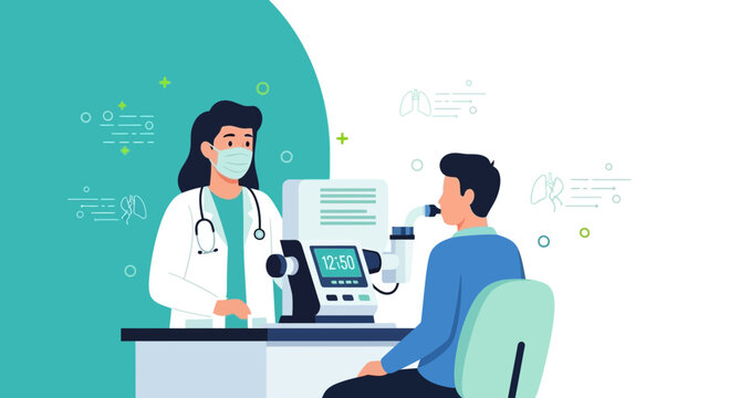 Doctor performing pulmonary function test on patient with spirometer in clinic