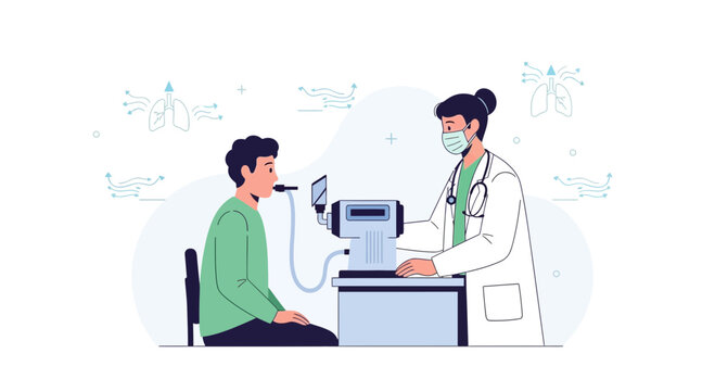 Doctor performing pulmonary function test on patient with spirometer for lung health checkup