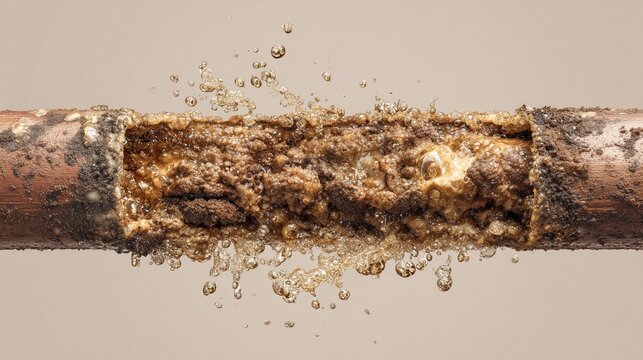 Corroded copper pipe with internal scale and debris exposed, illustrating leak detection and pipe cleaning for plumber emergency response.