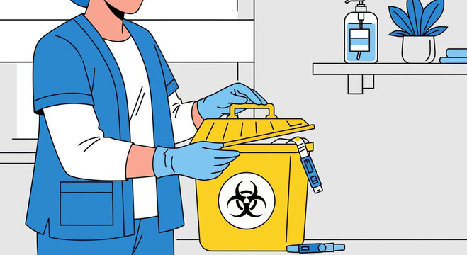 Healthcare worker disposes of biohazard waste in yellow bin with biohazard symbol