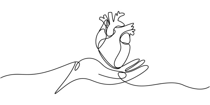 An editable line modern illustration of hands holding a heart. It is a donation symbol. Stained white background with a continuous one-line art drawing. This is a charity donation line symbol.