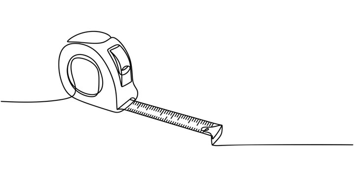 Measuring tape in one continuous line drawing. Symbolizing industrial tools and craftsmanship, Tape Measure Continuous Line Art Illustration, Tape measure in line art drawing style. Flexible ruler