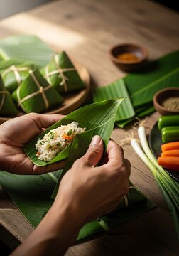 Close up of Hands Wrapping Traditional Rice Dumplings in Green Leaves
