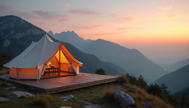 Illuminated glamping tent sits on wooden platform at mountain overlook during sunset. Peaceful scenic view from campsite offers nature escape and luxury comfort for travelers.
