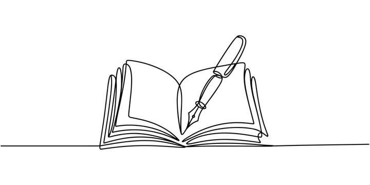 continuous line drawing of open book and pen.one line vector drawing of book and pen. concept of education in one line vector. one line Icon drawing with white background