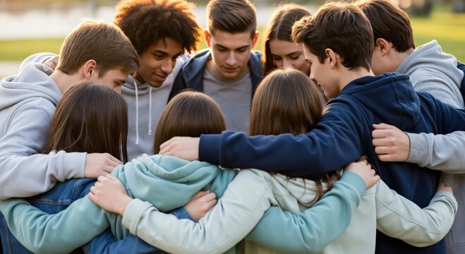 Teenagers Group Gathering in a Park Embracing Friendship and Togetherness