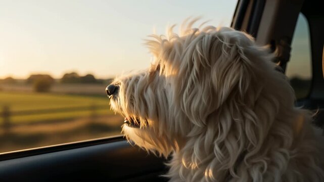 Fluffy white dog looking out of a car window at sunset during a road trip, pet enjoying travel and adventure in the countryside at golden hour