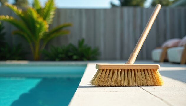 Pool cleaning brush rests on edge of clear blue water. Backyard patio maintenance tool near swim area. Outdoor leisure upkeep equipment for summer.