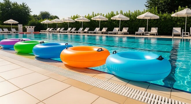Colorful inflatable pool floats line a sunny swimming pool with lounge chairs and umbrellas