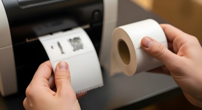 Closeup of a person loading a roll of thermal labels into a desktop label printer