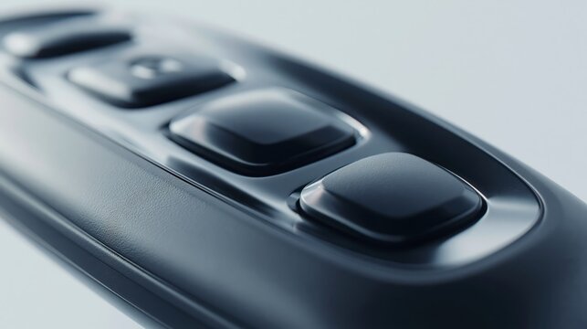 Close-up macro shot of a modern black presentation clicker with tactile buttons