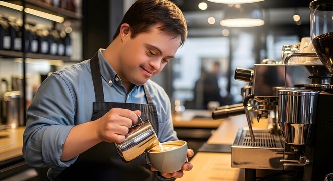 Man with Down syndrome working as barista pours steamed milk into coffee cup. Professional service in cafe. Inclusive society and equal opportunity employment in food industry.