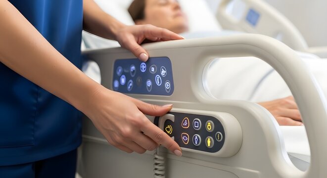 Nurse adjusting hospital bed settings using the control panel for patient care