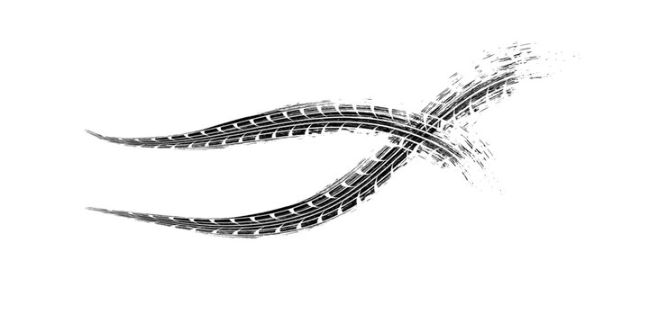 Tire trace track. Abstract wheels braking distances, tread silhouettes brushes. Isolated car or motorcycles vector trails. Tire vehicle, road track rubber, transportation texture