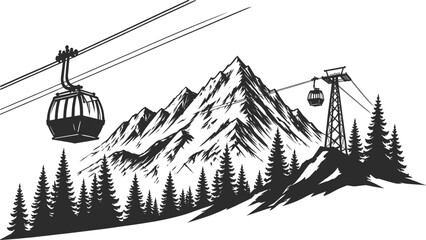 Mountain Cable Car Gondola with Pine Forest Scenic Landscape Line Art Illustration. © NASRIN