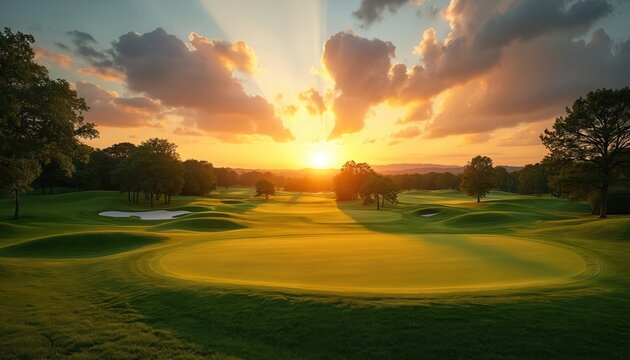 Golf course with rolling green hills at sunset. Sun rays break through clouds over lush fairways and sand traps. Trees line the horizon under a warm sky.