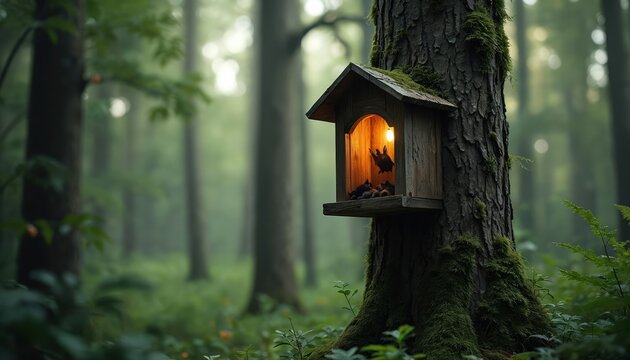 Wooden bat house mounted on mossy tree trunk in misty forest. Small bats rest inside illuminated structure. Wildlife habitat installation promotes conservation efforts in woodland.
