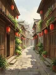 Fototapeta premium Serene Narrow Alleyway with Traditional Wooden Buildings and Red Lanterns