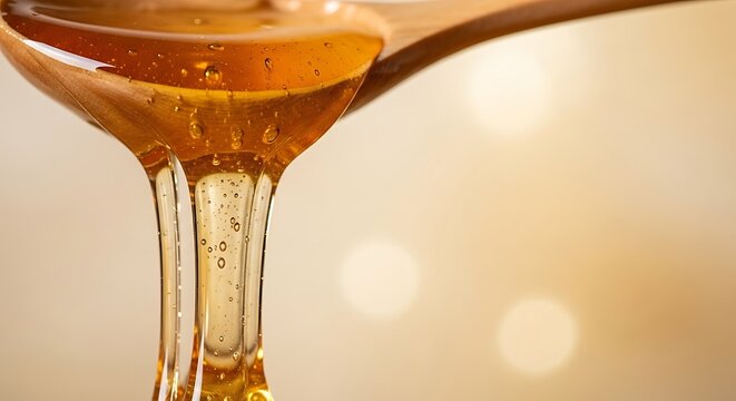 Golden honey dripping from a wooden spoon close-up with bokeh background