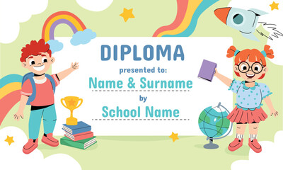 Fototapeta premium Colorful diploma template for kids in kindergarten, preschool, elementary school or primary classes with hand drawn doodle line art elements. Children certificate with cartoon funny boy and happy girl