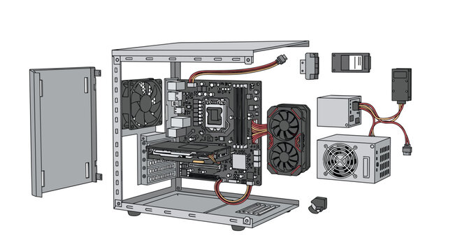 A detailed exploded view diagram illustrates the internal components of a desktop computer including the motherboard, graphics card, and power supply unit.