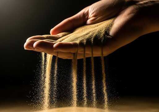 Golden sand slipping through fingers on a dark background