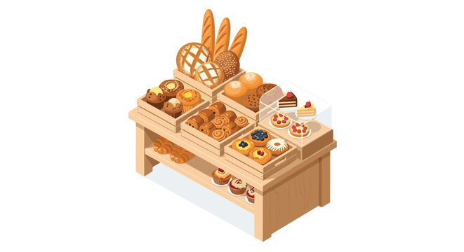A meticulous isometric wooden bakery display stand showcases an assortment of fresh golden breads, dark chocolate muffins, and vibrant fruit tarts on white.