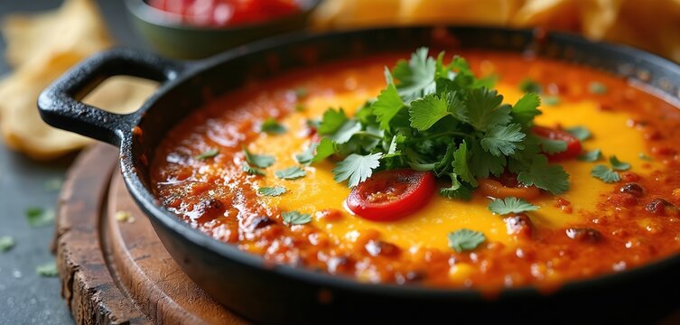 Warm melted cheese dip with peppers and cilantro served in cast iron skillet. Crispy tortilla chips on side perfect for dipping and sharing.
