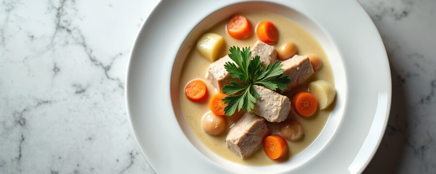Veal blanquette served in white bowl with carrots, potatoes, mushrooms, and parsley garnish. Creamy sauce covers tender meat pieces. Rustic home cooking presentation on marble surface.