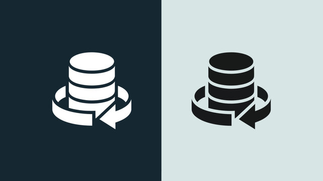 Database icons with circular arrows on contrasting backgrounds for data exchange concepts