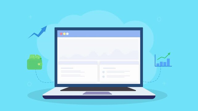 Animated laptop showing data analytics dashboard with growth charts, data flow elements, and monitoring interface in clean flat design on teal background.