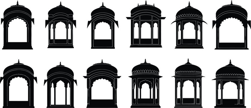 Indian architectural silhouettes a collection of ornate chhatri tower structures in black
